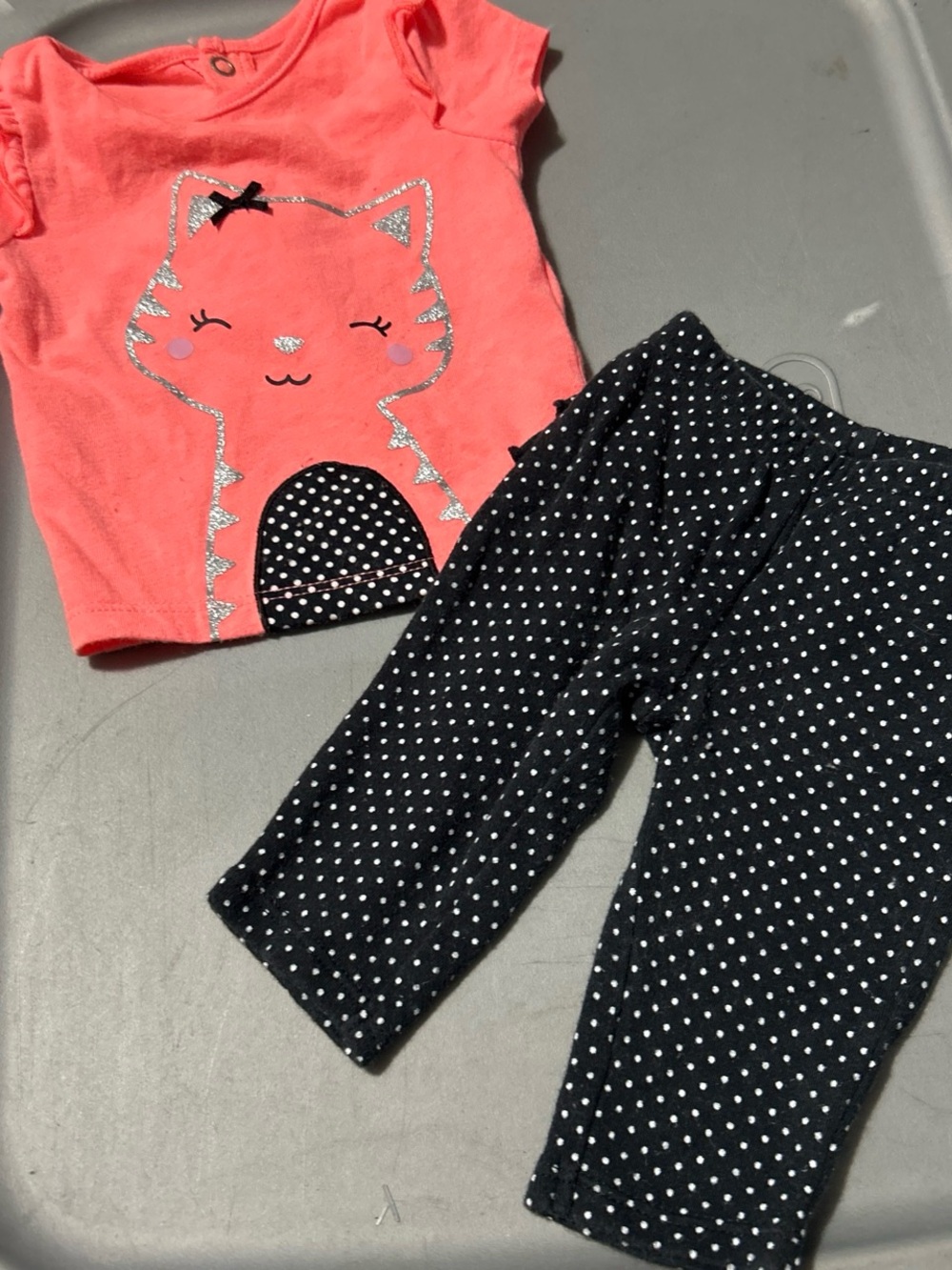 Carter's Coral Cat Tee with Navy Polka Dot Leggings